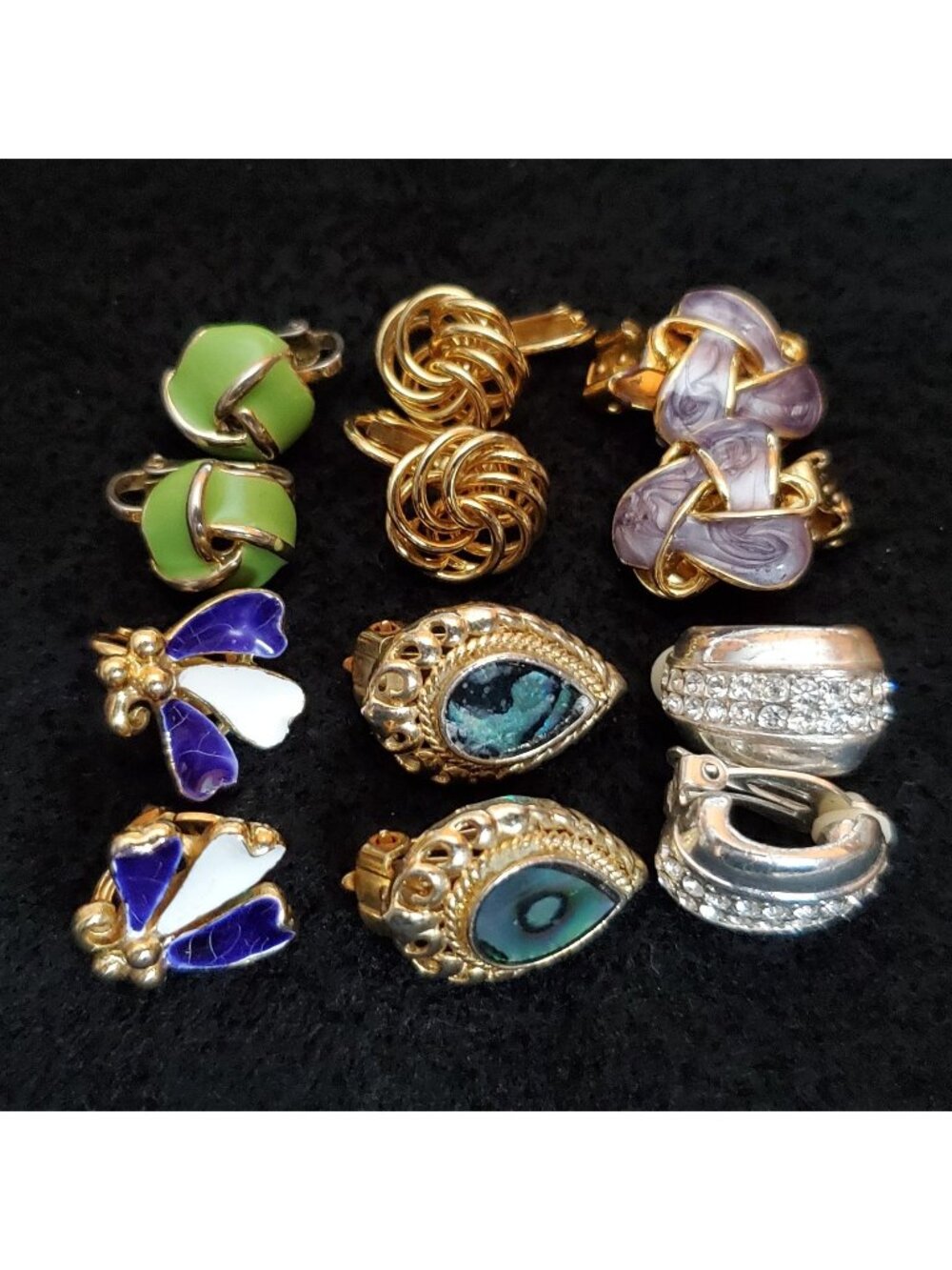 Vintage Earrings Gold Silver Tone Enamel Abalone Small Clip On Lot of 5 Pair